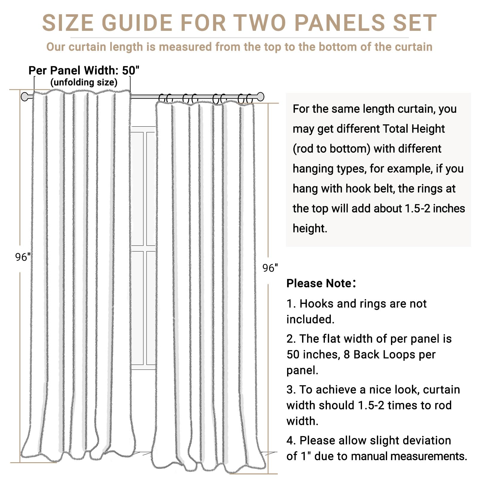 Includes 2 panels totaling 100 inches for wider window coverage