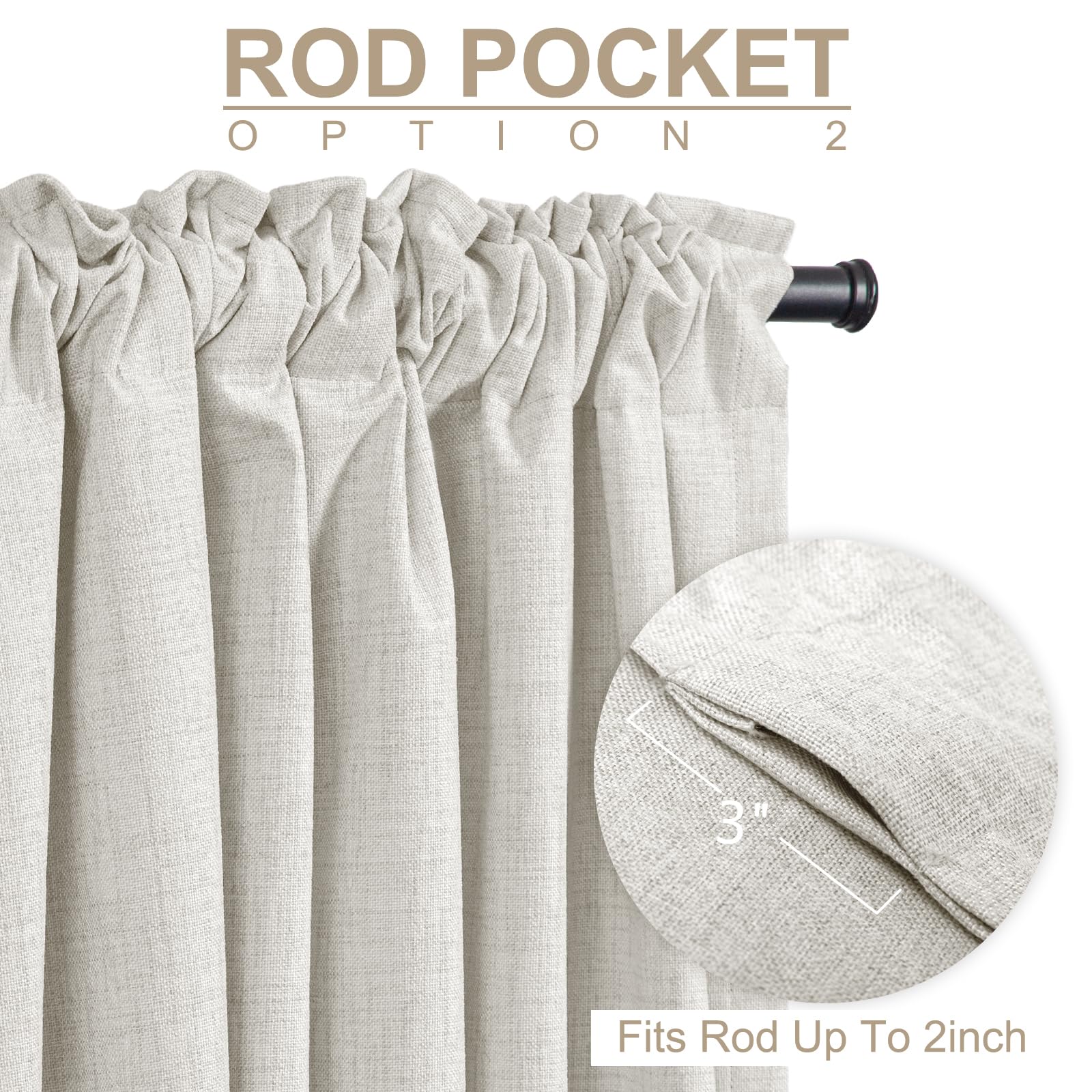 100% Blackout Shield linen curtains beige thermal insulation visual suggests energy efficiency and comfort.