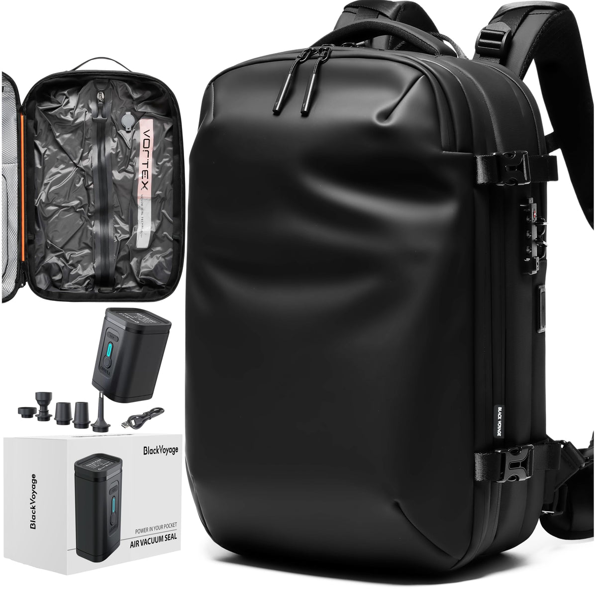 BlackVoyage Vortex vacuum seal feature in action for space-saving packing on the go.