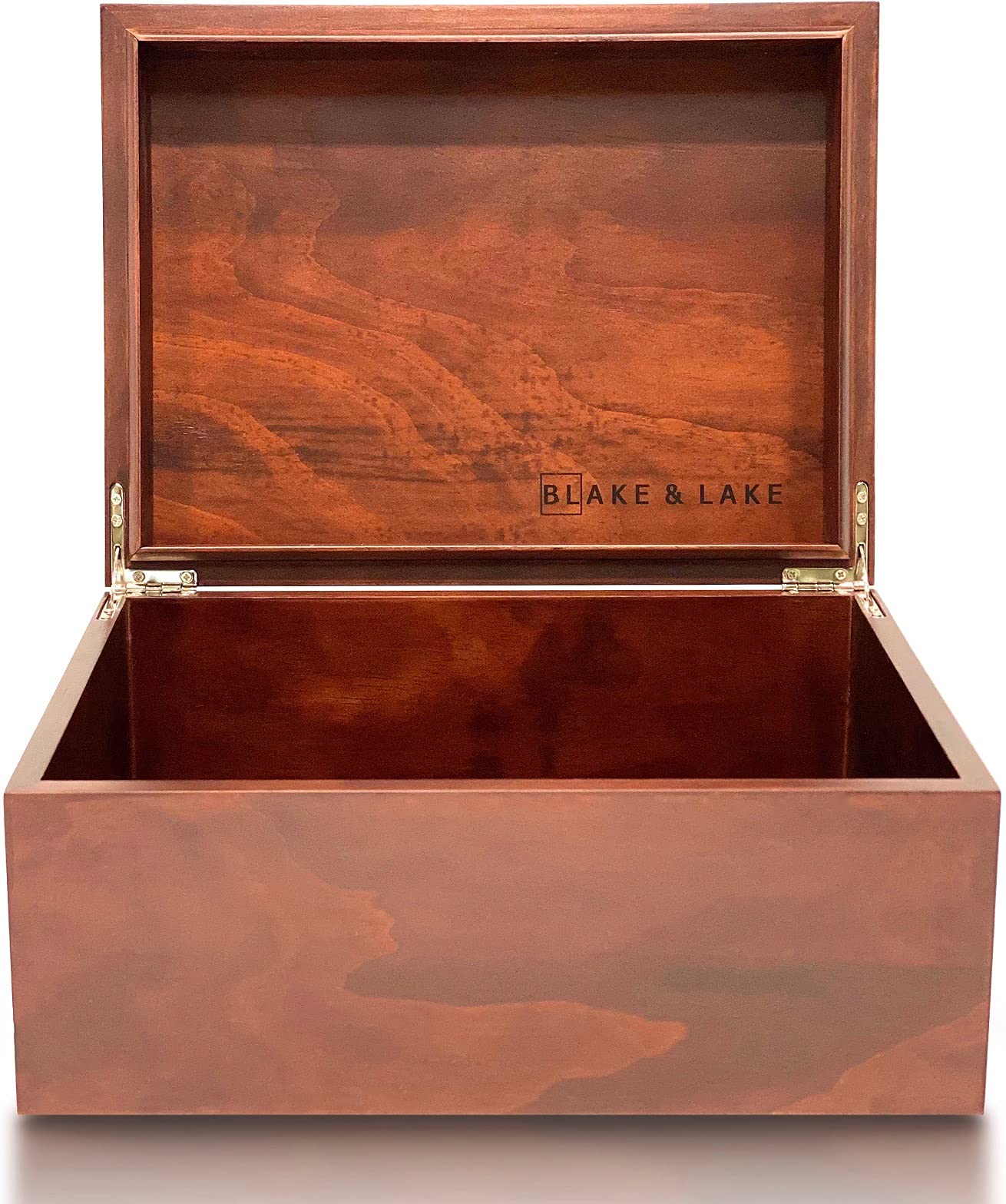 Blake & Lake dark oak large box with hinged lid showing premium craftsmanship and organized storage.