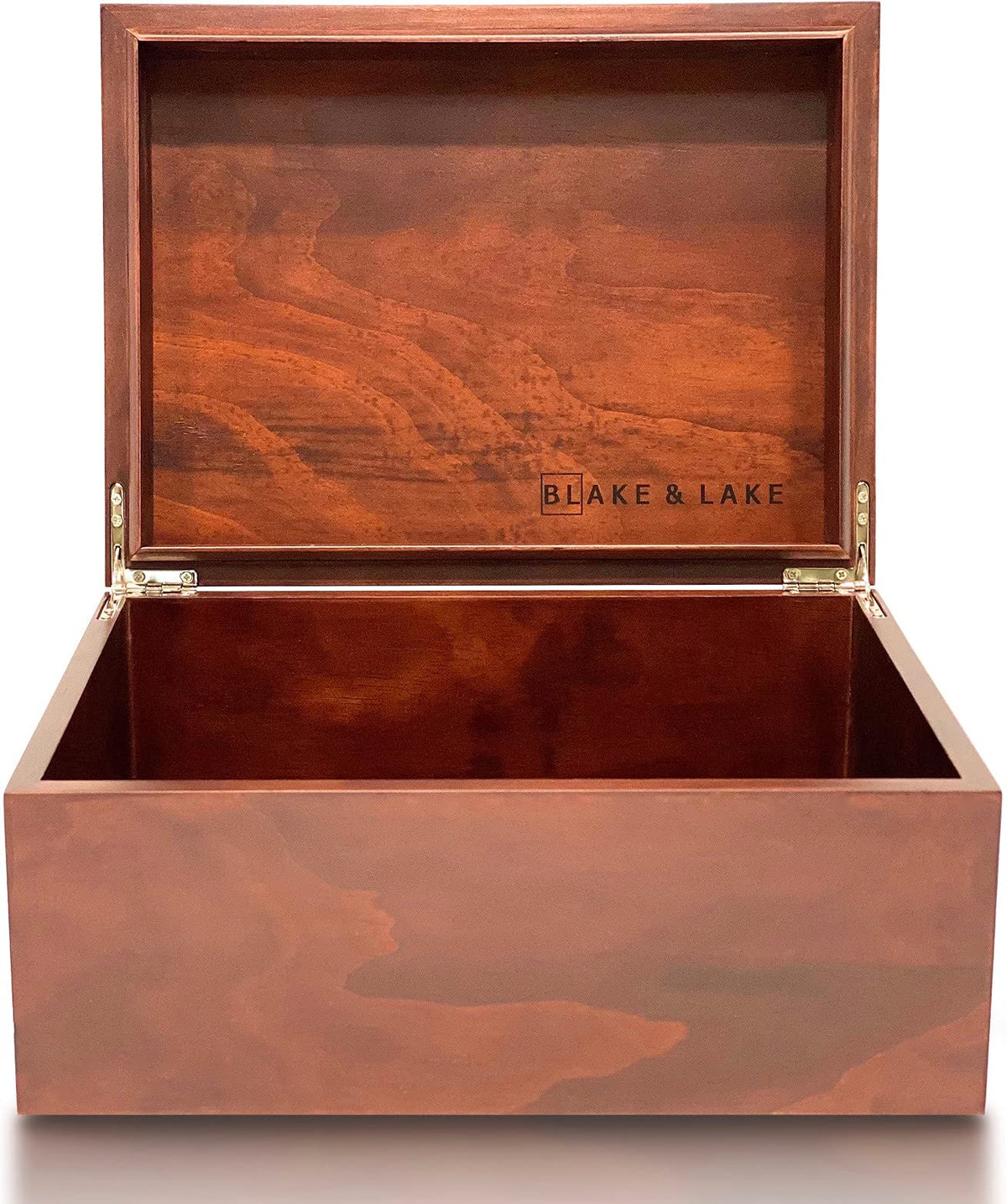 Blake & Lake dark oak large box with hinged lid showing premium craftsmanship and organized storage.