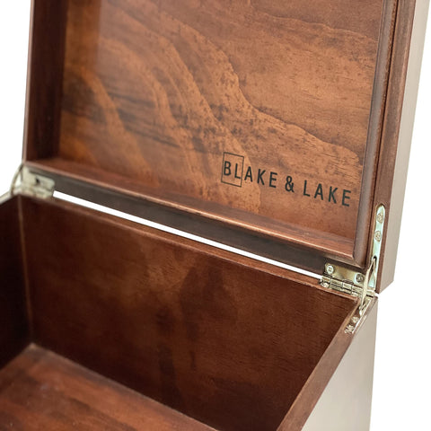 Blake & Lake satin-finish oak grain highlighted by the box's surface.