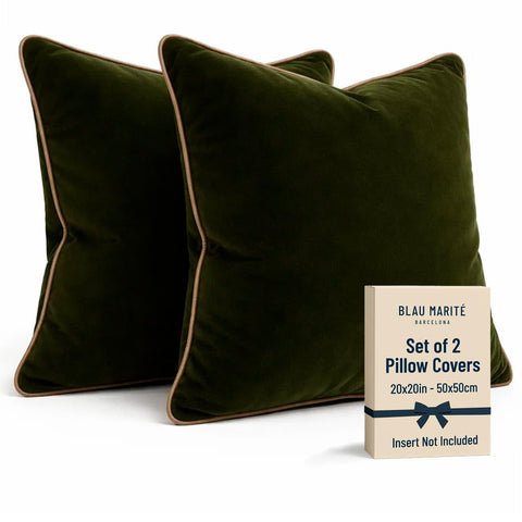 Blau Marité velvet pillow cover in green and camel, front view with contrast piping for living room decor