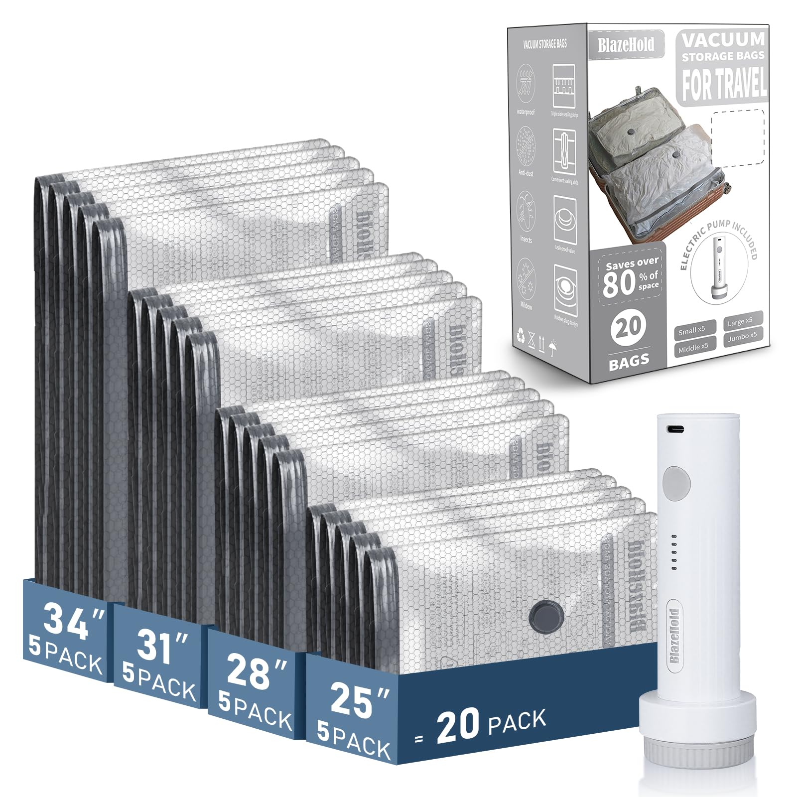 BlazeHold 20-pack vacuum bags for travel keep clothes compact and organized