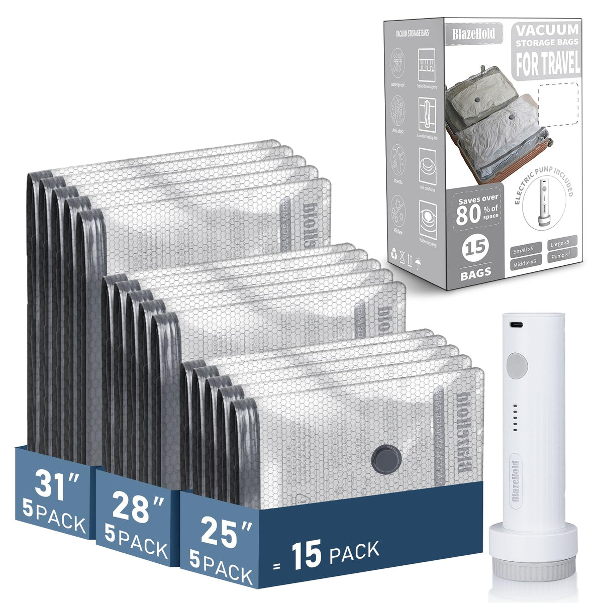BlazeHold travel vacuum bags overview showcasing complete organization for efficient packing