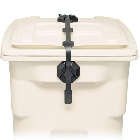 Blazer Brand Strong Strap Lid Lock securing a 32–96 gallon can, offering secure lid closure and compatibility