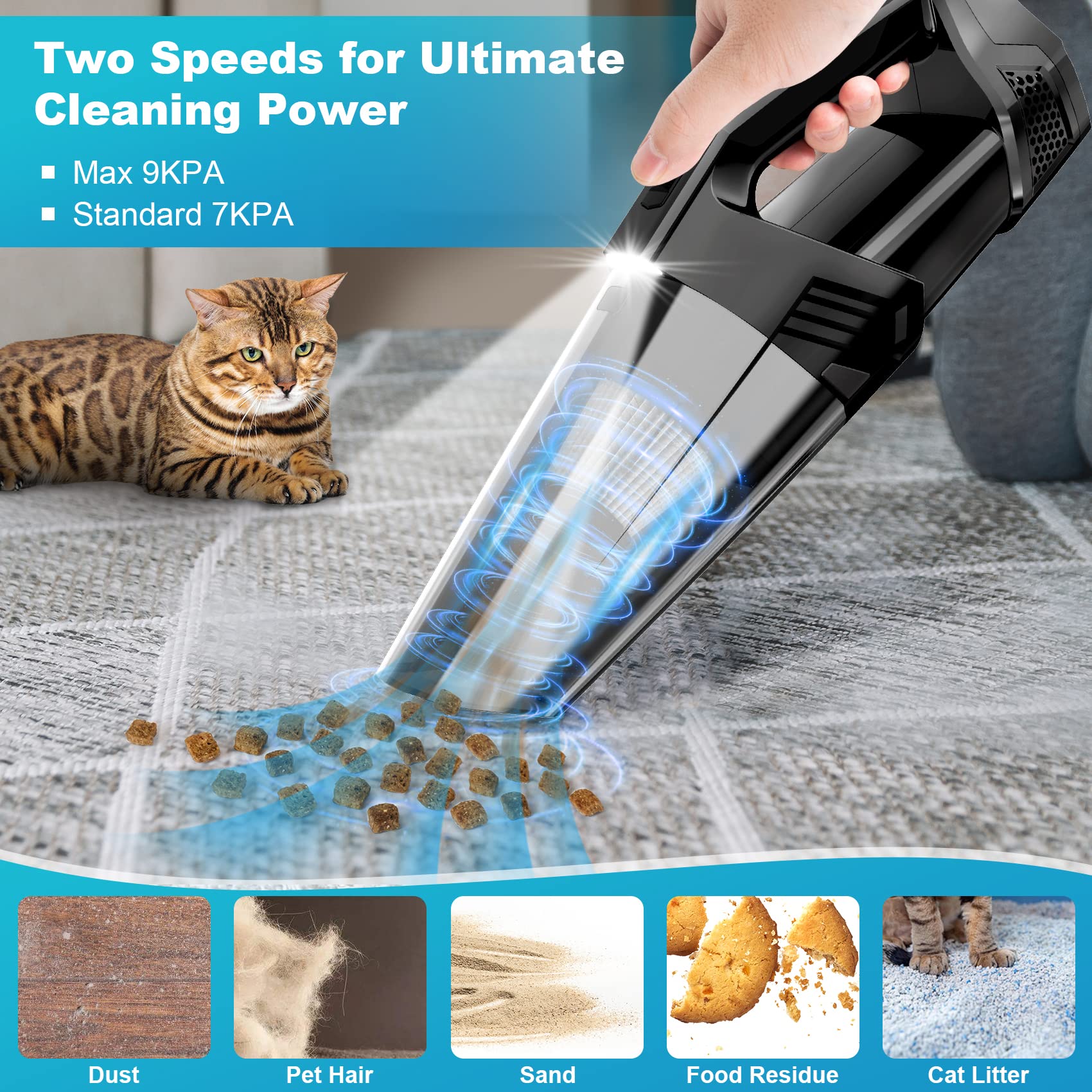 Blestan handheld vacuum delivers strong 9kPa suction for deep cleaning in cars.