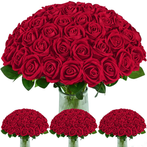 BLEUM CADE 100 pcs red artificial roses bouquet with long stems for romance.