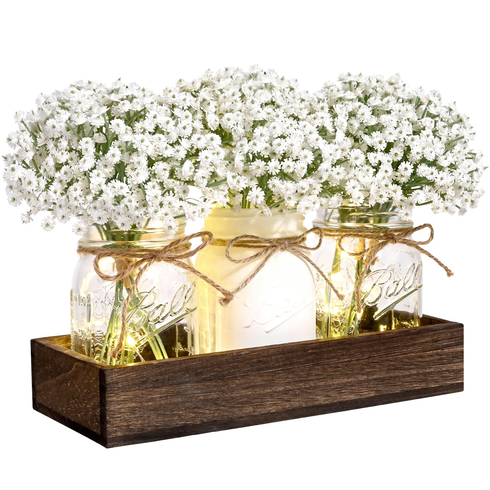 BLEUM CADE centerpiece with mason jars and warm lights for cozy dining ambiance