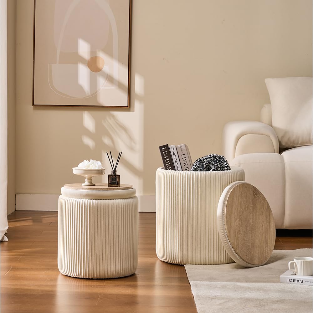 BLEXA velvet ottoman lid doubles as waterproof tray-top coffee table for drinks.