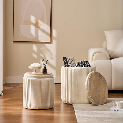 BLEXA velvet ottoman lid doubles as waterproof tray-top coffee table for drinks.