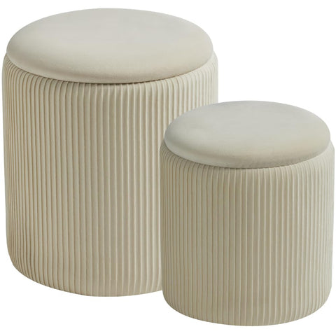 BLEXA round ottomans with storage in velvet, a versatile seating and organization solution.