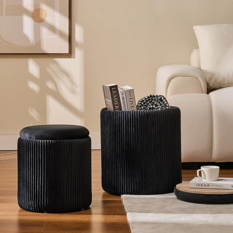 BLEXA velvet ottoman lid opens to reveal hidden storage for organizing items.