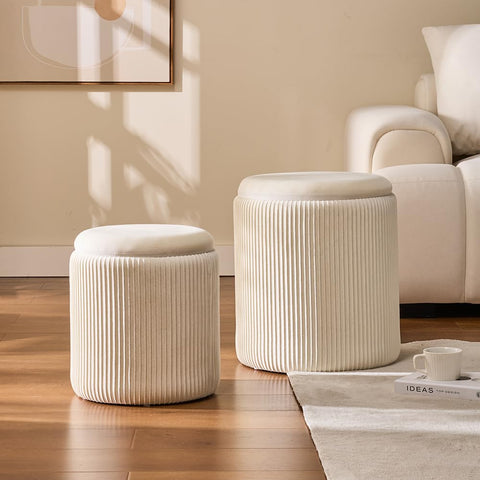BLEXA velvet ottoman lid opens to reveal hidden storage for clutter-free spaces.