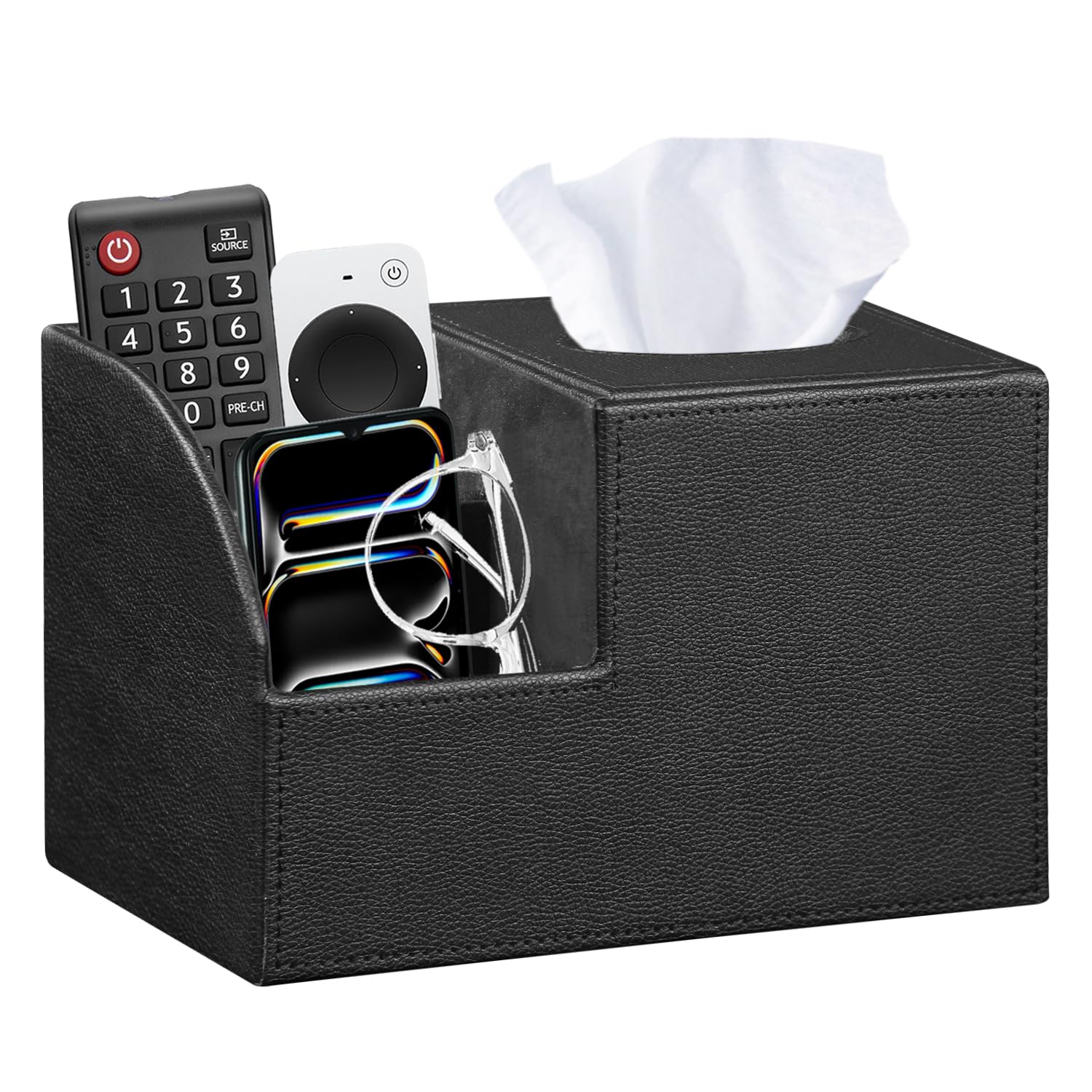 BLIENCE PU leather square tissue box cover, front view keeps tissues and remotes organized