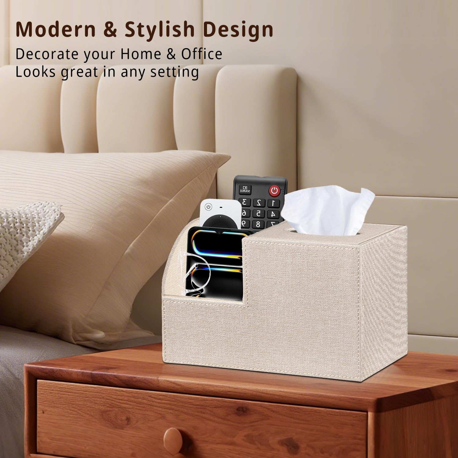 BLIENCE tissue box cover with remote holder keeps remotes orderly