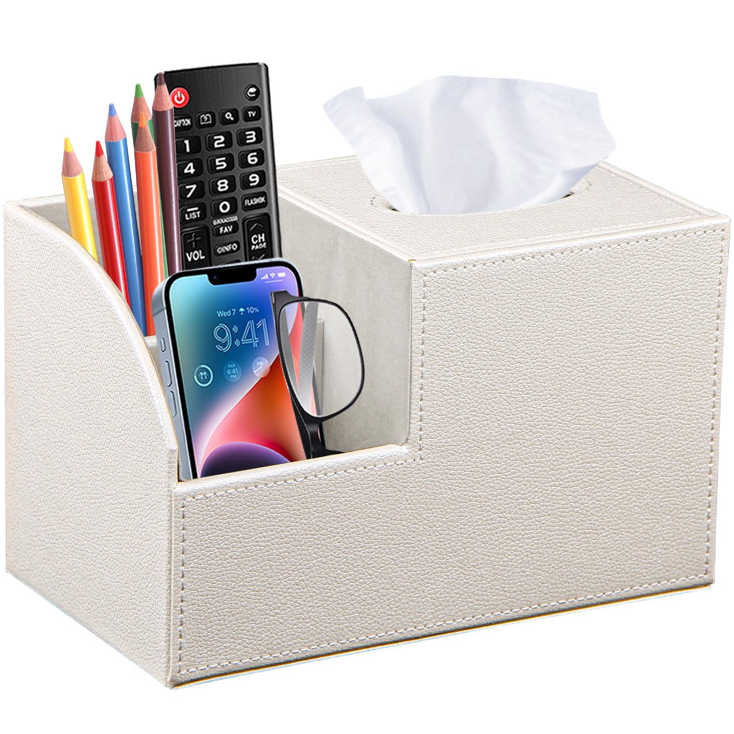 BLIENCE PU leather tissue box cover with storage and remote holder enhances desk organization