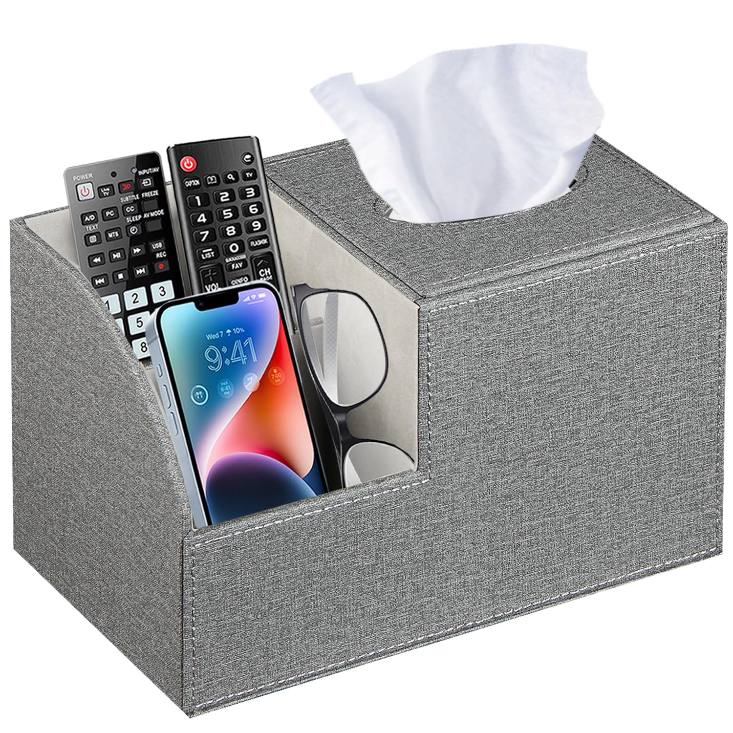 BLIENCE square tissue box cover with remote holder keeps remotes organized by the sofa.