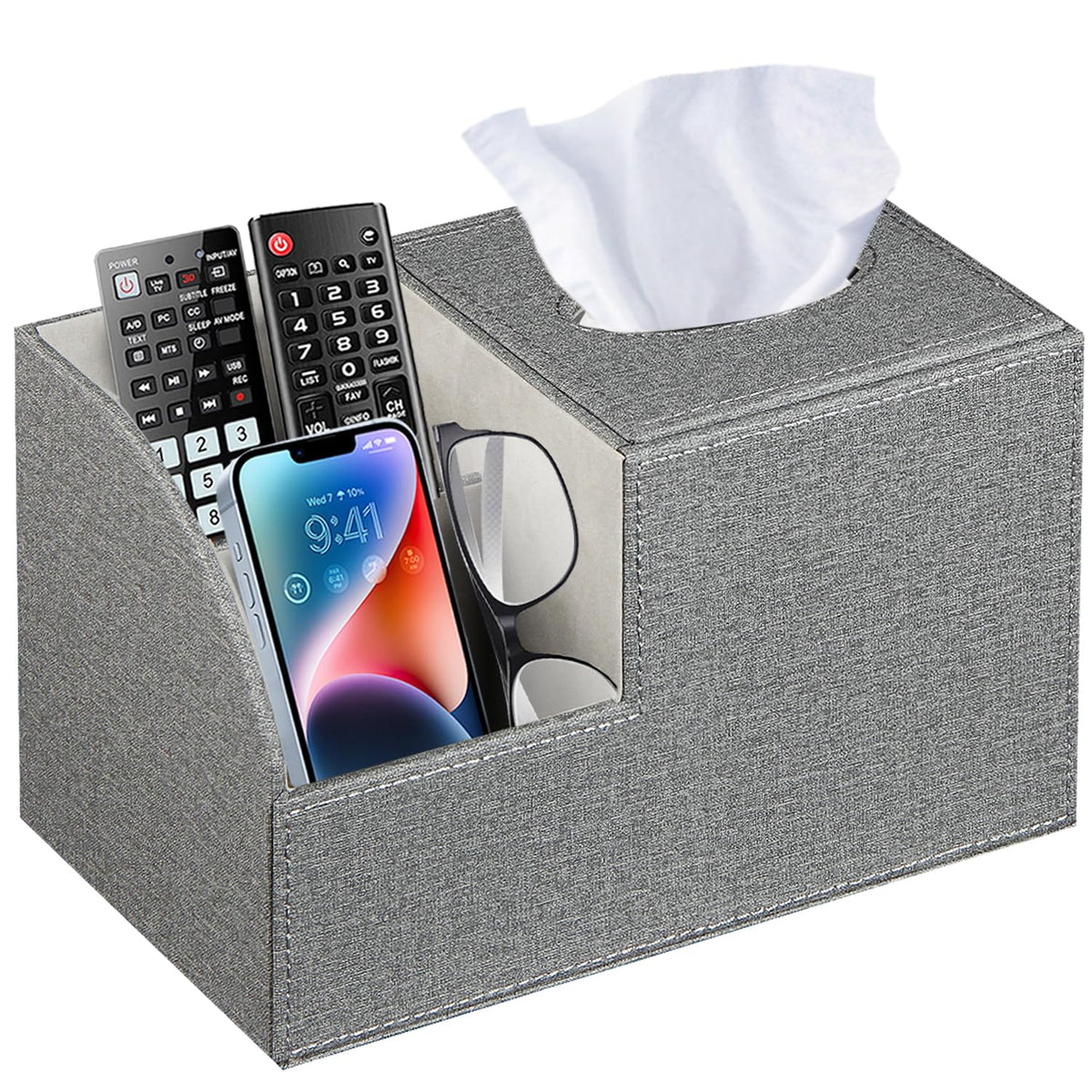 BLIENCE square tissue box cover with remote holder keeps remotes organized by the sofa.