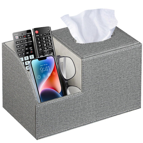 BLIENCE square tissue box cover with remote holder keeps remotes organized by the sofa.