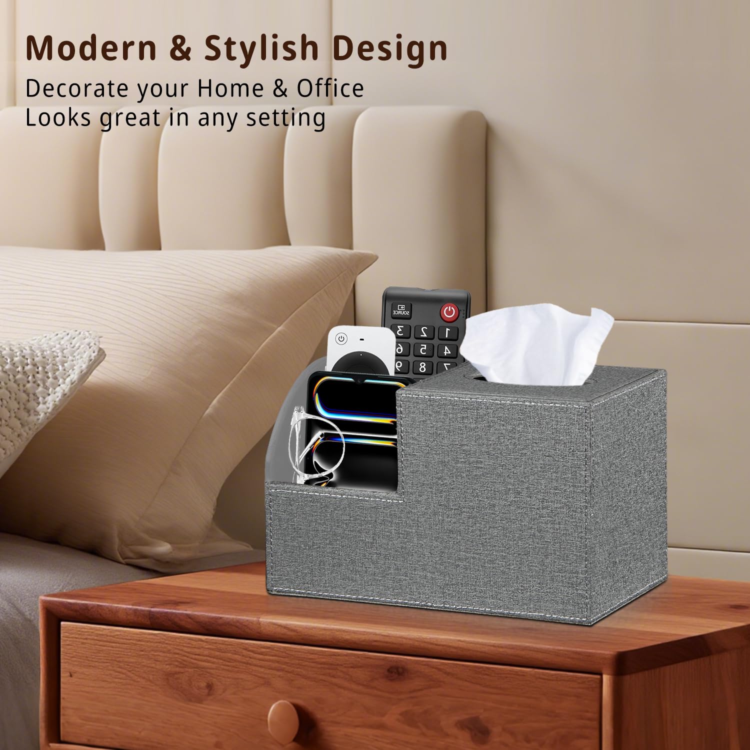 BLIENCE square tissue box cover with storage compartments for phones and glasses at bedside.