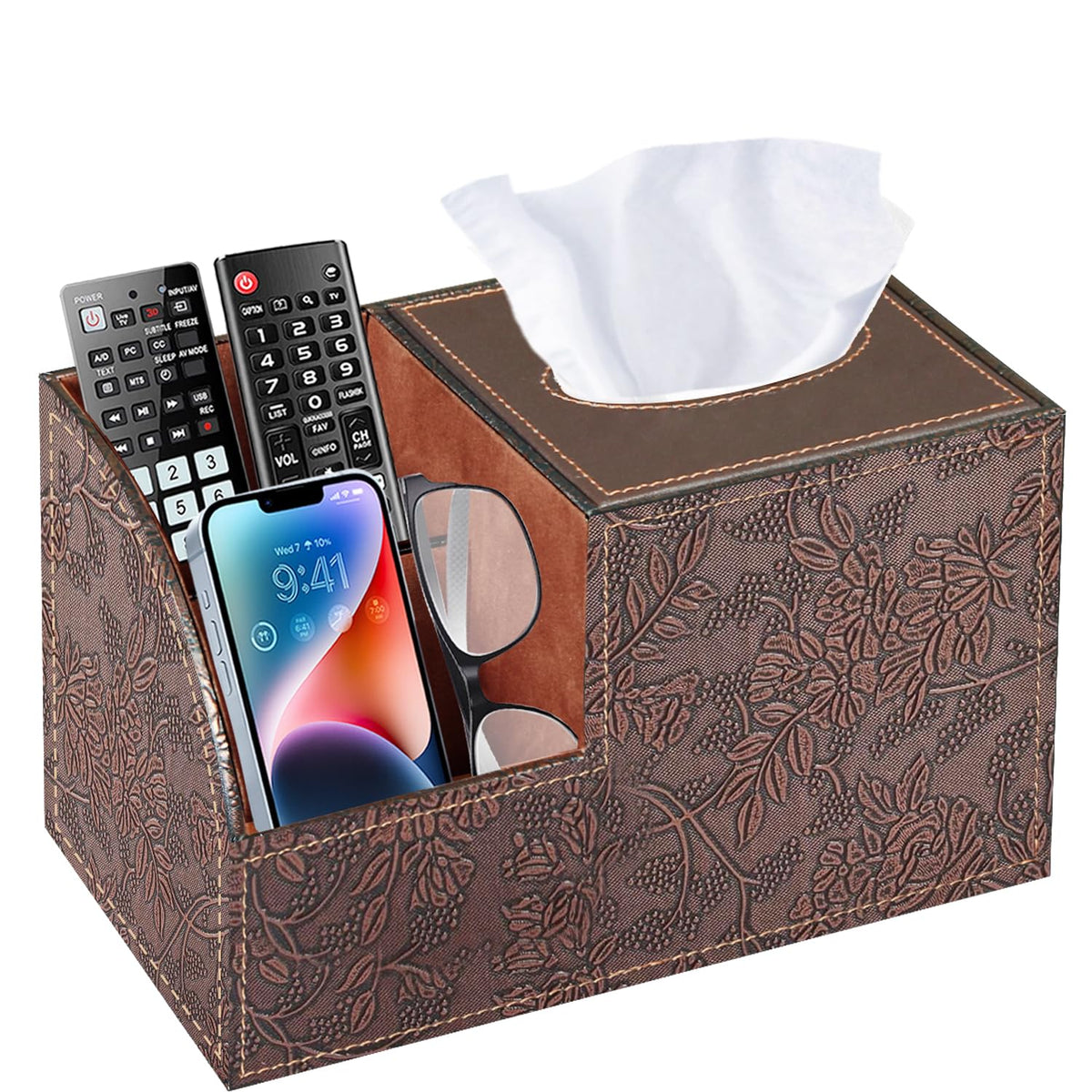 BLIENCE tissue box cover with remote compartment keeps remotes organized by the sofa.