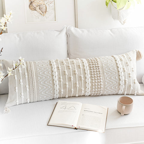 BlissBlush 14x36 lumbar pillow cover enhances sofa styling with a clean neutral backdrop.