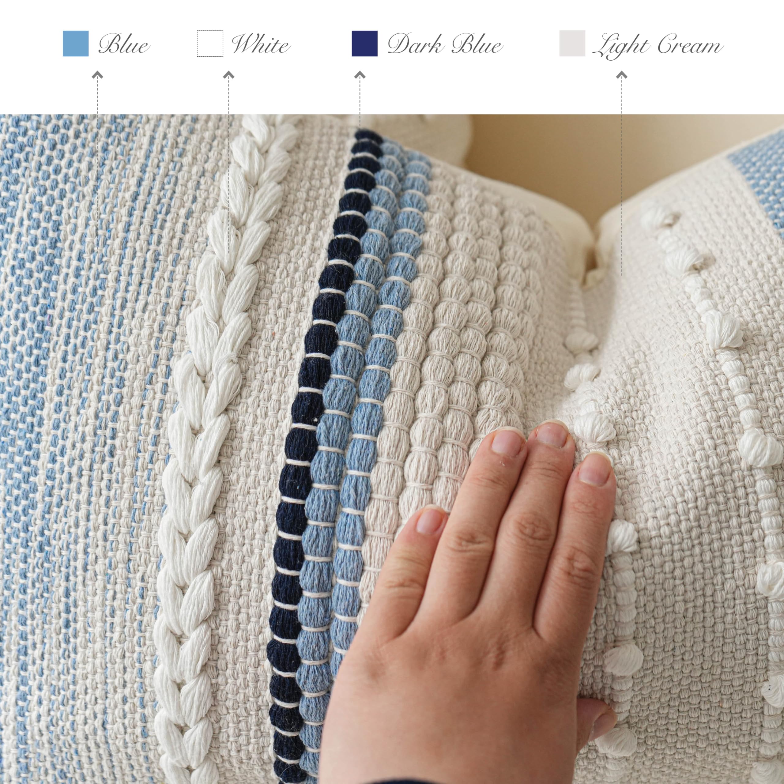 BlissBlush blue cream tone pillow cover detail showcases versatile coastal styling.