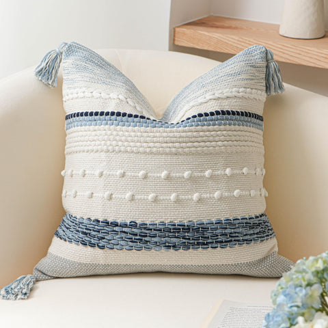 BlissBlush Coastal Blue Boho Pillow Cover front view adds textured style to a sofa