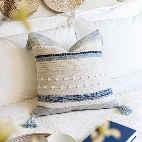 BlissBlush Coastal Blue Boho Pillow Cover as part of living room decor