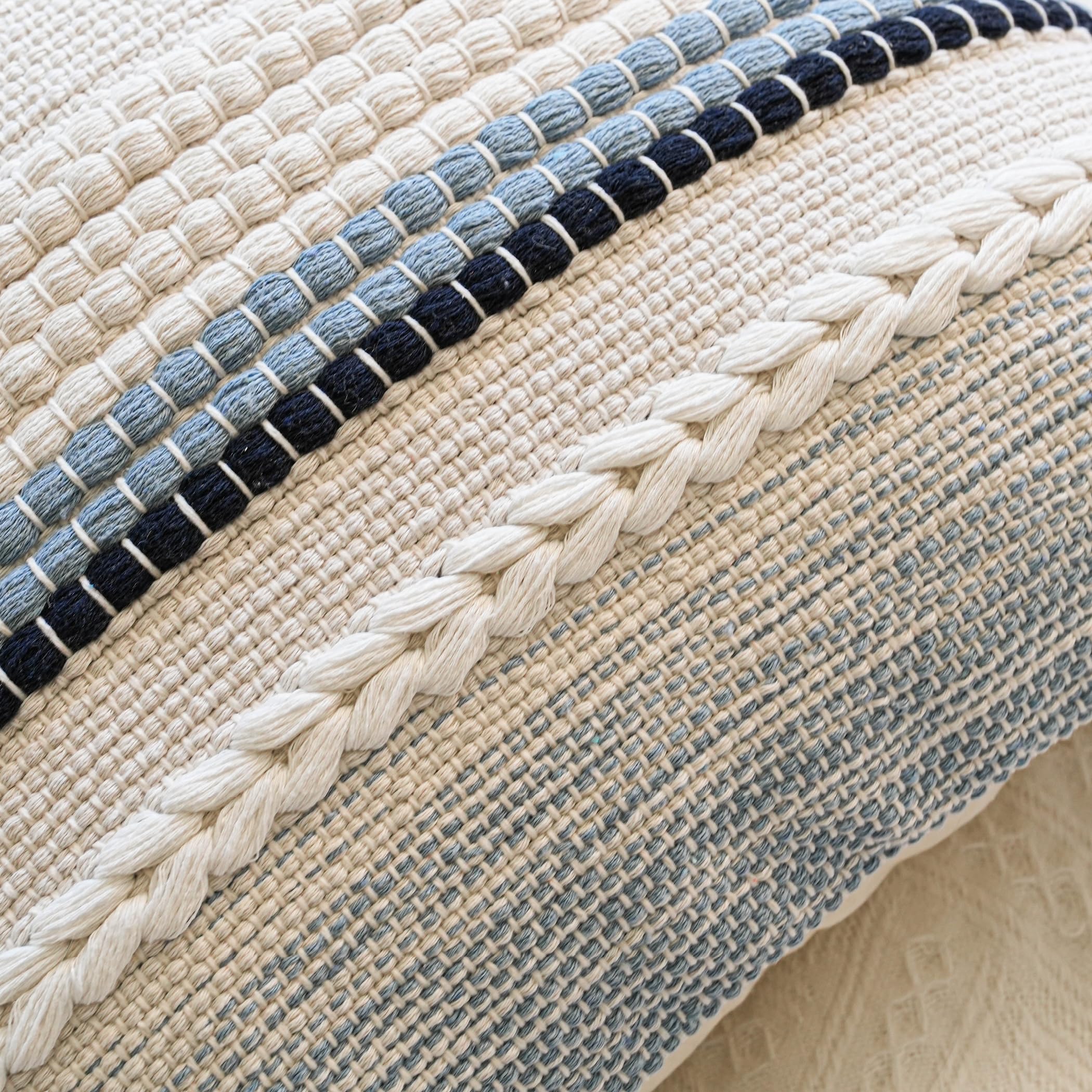 BlissBlush Coastal Blue Boho Pillow Cover shows stitch detail