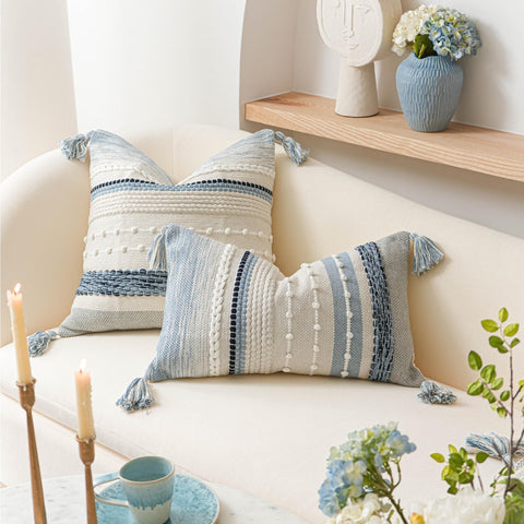 BlissBlush pillow cover coastal blue pattern blends with creams for layered decor
