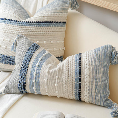 BlissBlush Coastal Blue Boho pillow cover on sofa creates inviting texture