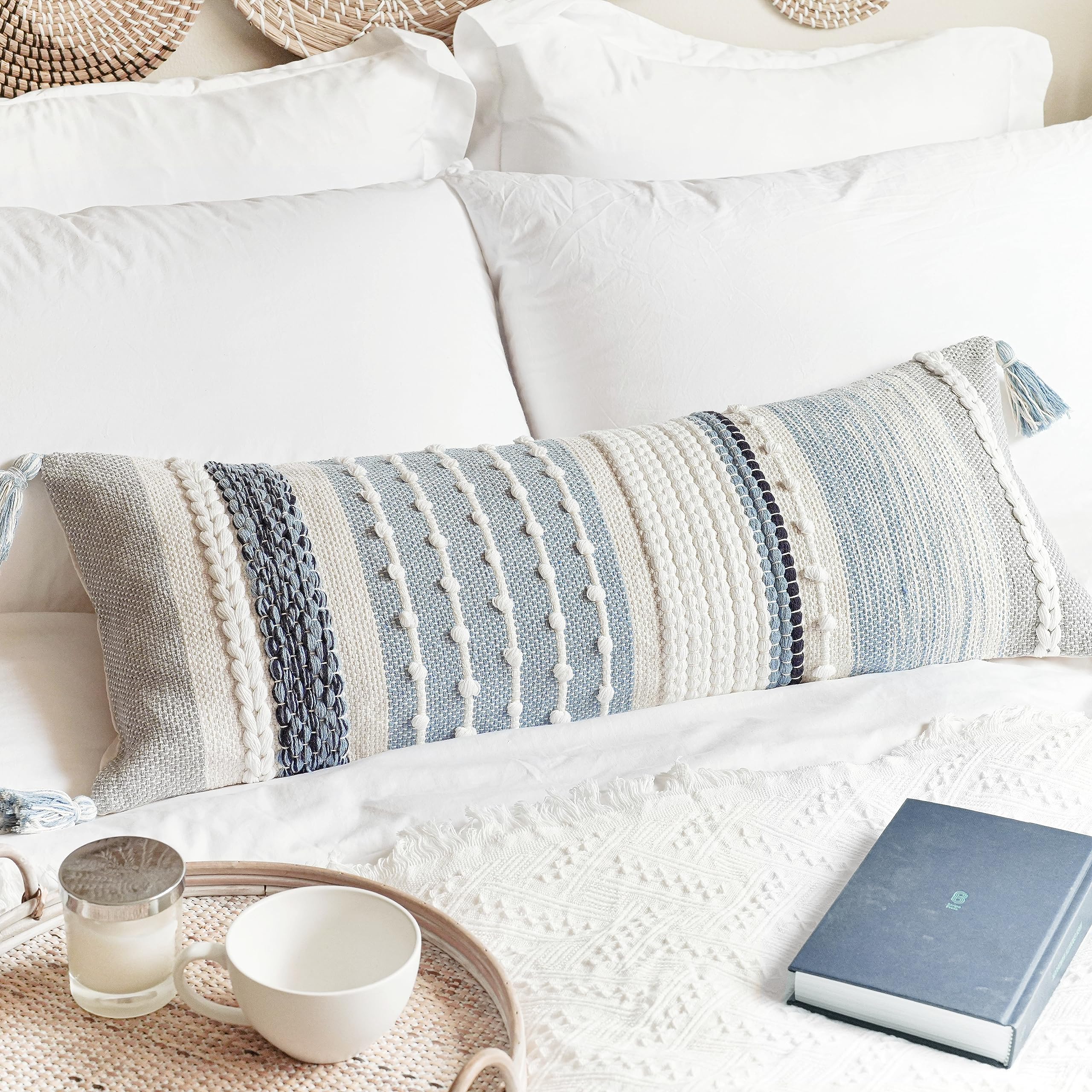 BlissBlush Coastal Blue pillow cover 14x36 for bed adds coastal style and texture