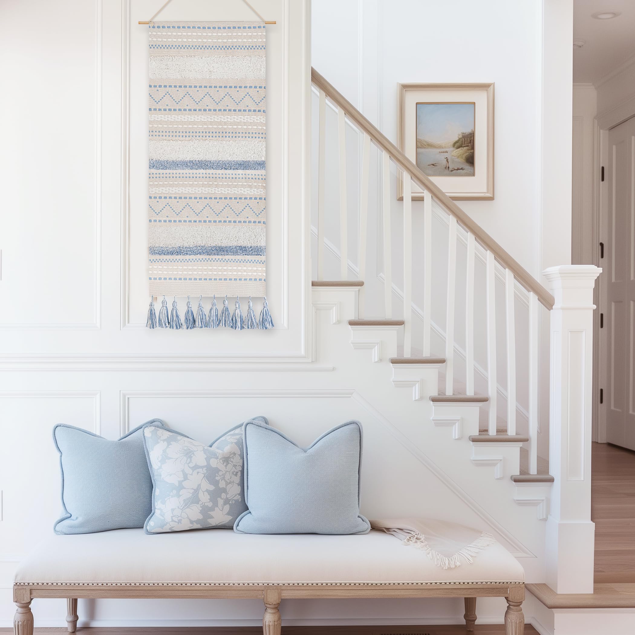 BlissBlush coastal blue weave enhances a cozy living room setting.