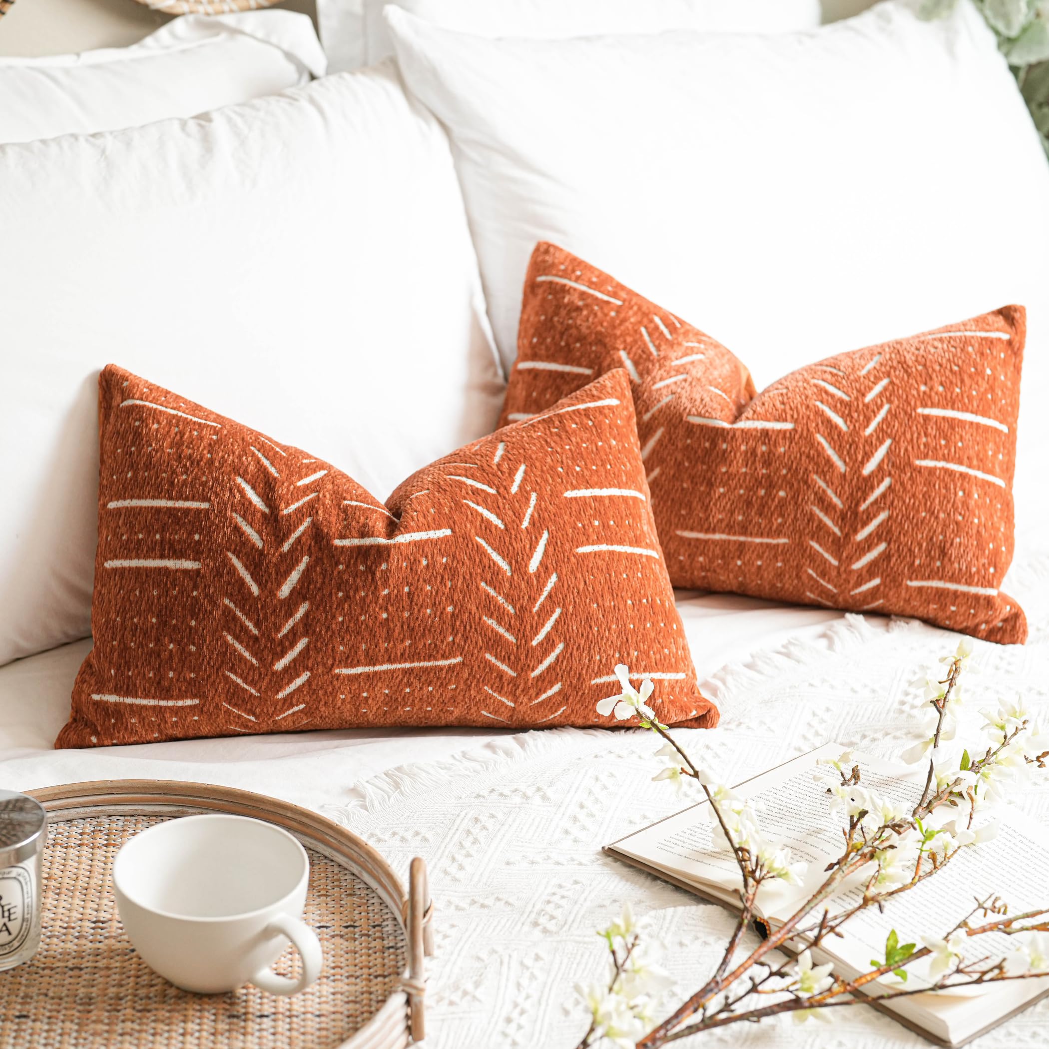 BlissBlush decorative lumbar pillow cover with brick red front pattern adds cozy warmth to the sofa