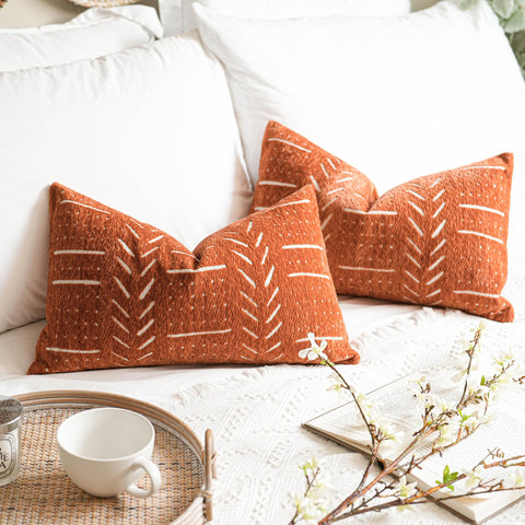 BlissBlush decorative lumbar pillow cover with brick red front pattern adds cozy warmth to the sofa