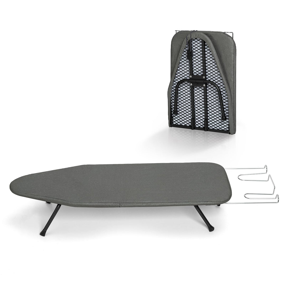 BlissBoard small folding ironing board on a counter, space-saving design.