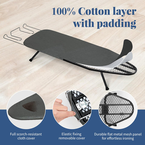 BlissBoard table top ironing board with cover and pad for fabric protection.