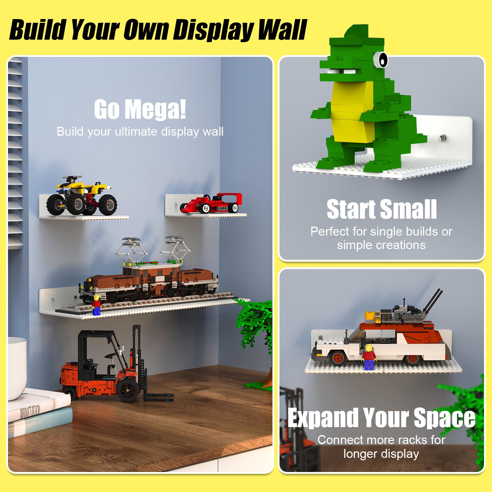 Link multiple BlissBox shelves side by side to create a larger brick showcase.