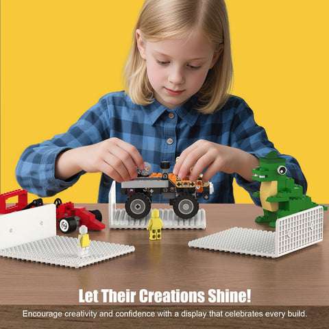 Secure tilt-resistant BlissBox shelves keep brick masterpieces tidy and accessible.