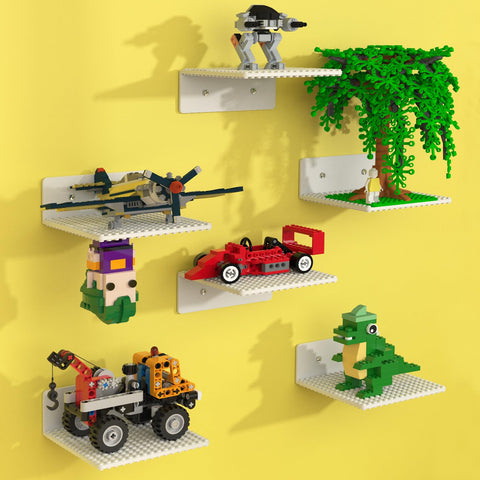 BlissBox brick display shelf front view showing LEGO compatibility and white finish