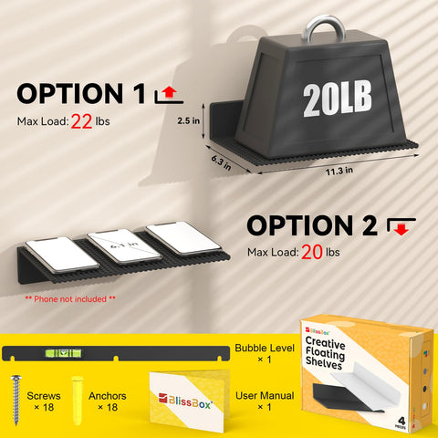 BlissBox easy-install wall shelf with leveling tool.