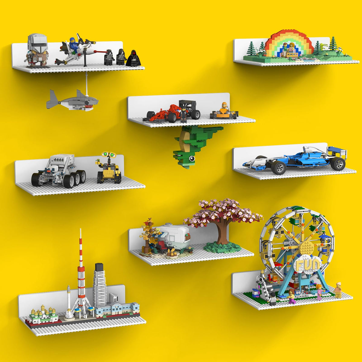 BlissBox wall display shelf with dual-sided baseplate secures brick builds for easy rotation.