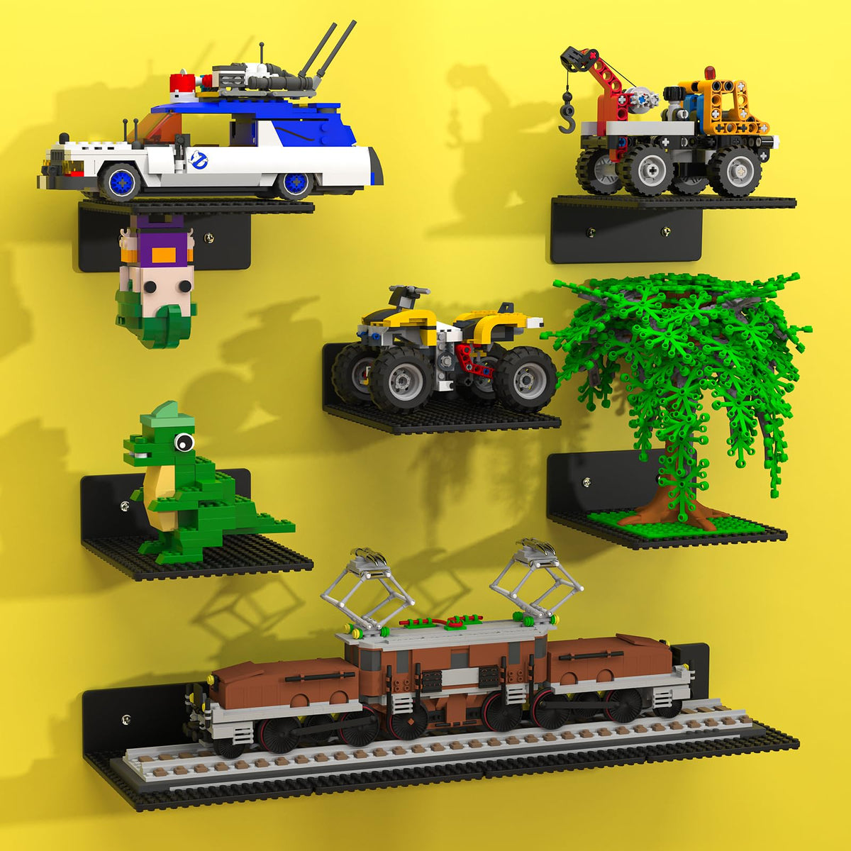 BlissBox wall-floating shelves with Lego-compatible baseplate displaying secure brick builds.