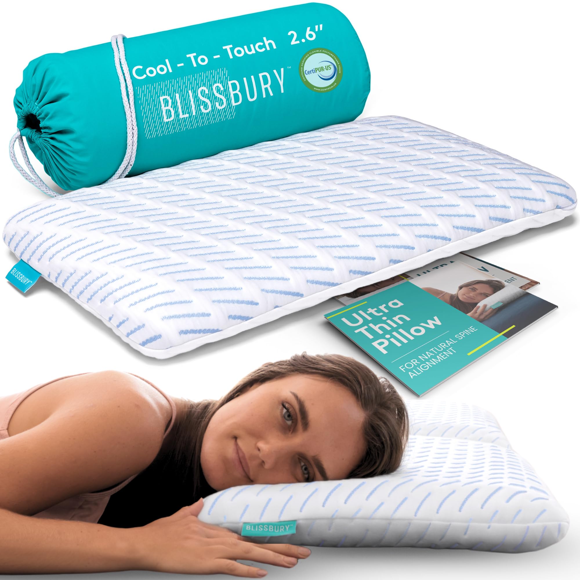 BLISSBURY cooling memory foam pillow front view highlighting ultra-thin profile for stomach sleepers