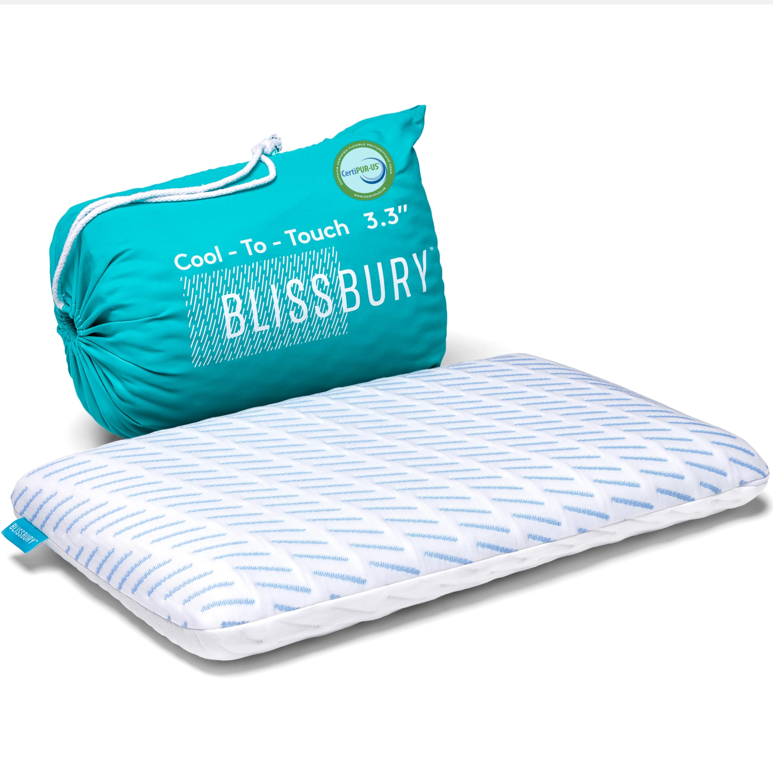 BLISSBURY cooling pillow flat close-up showing slim profile for stomach and back sleepers