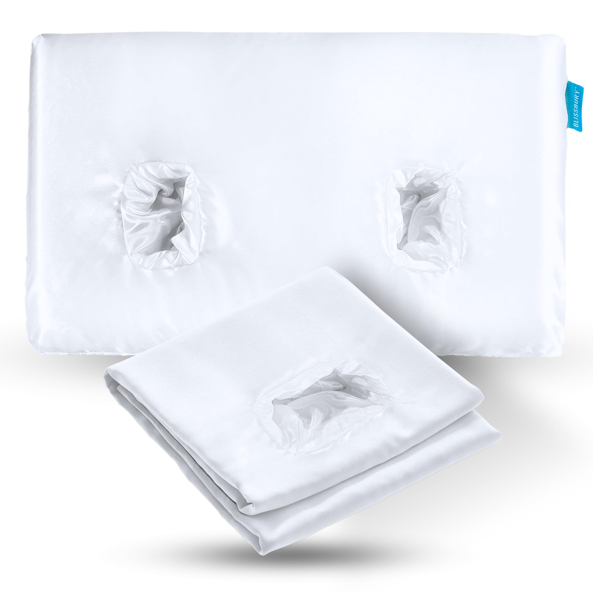 BLISSBURY Ear Hole Pillow Case satin close-up shows smooth fabric for gentle sleep.