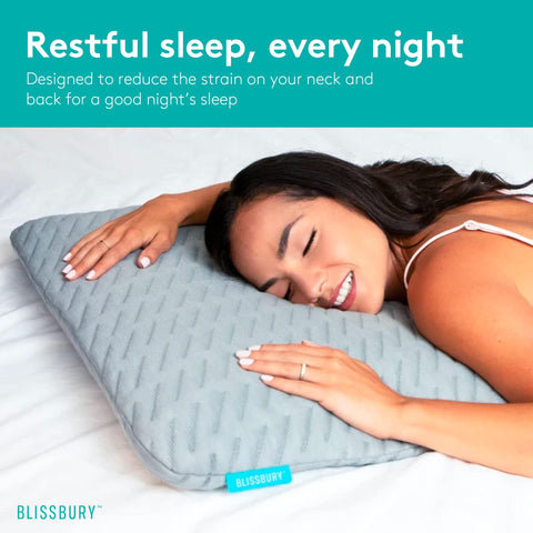 BLISSBURY slim flat pillow on bed illustrating low profile design