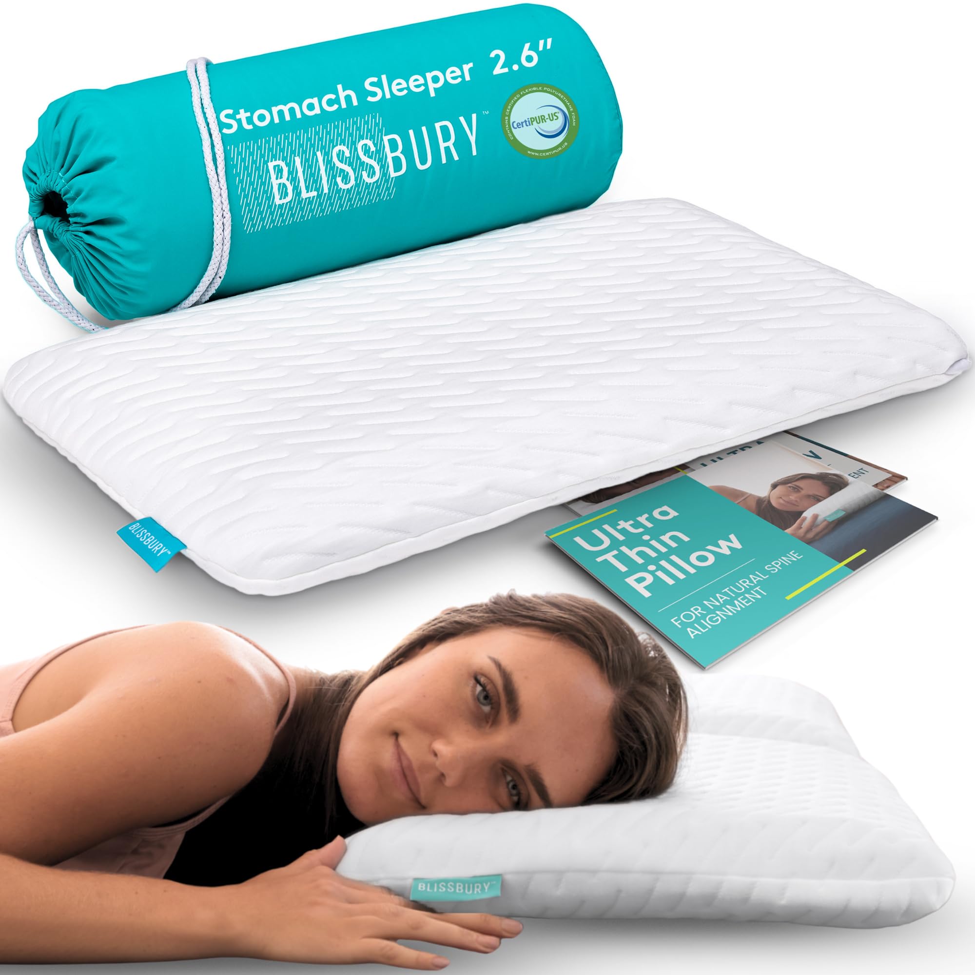 BLISSBURY stomach sleeping pillow shows flat profile for belly sleepers